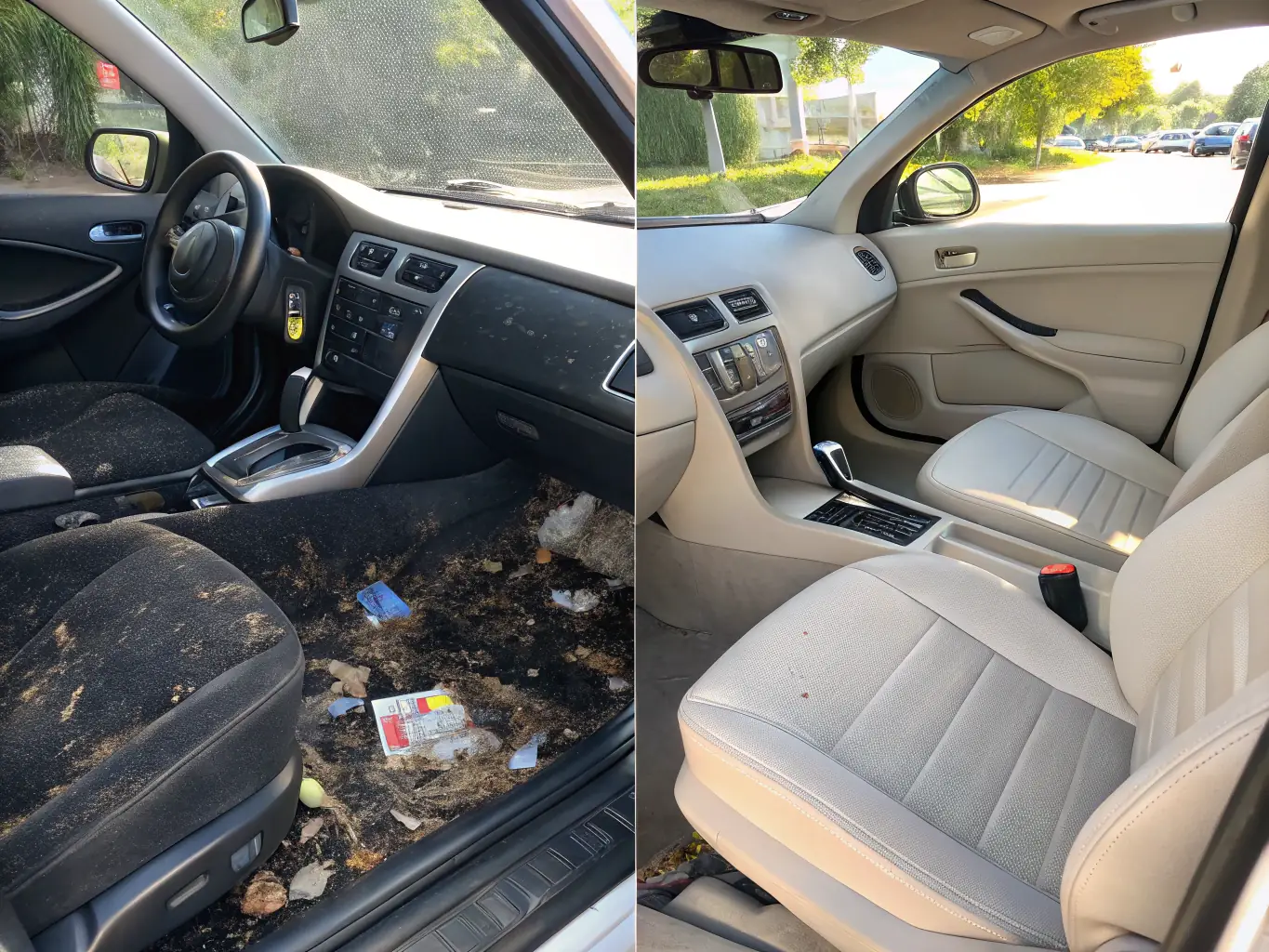 A close-up shot of a car's interior before and after BWoods Home Services' detailing service. The 'before' side shows dirty seats and a dusty dashboard, while the 'after' side shows clean, polished surfaces.